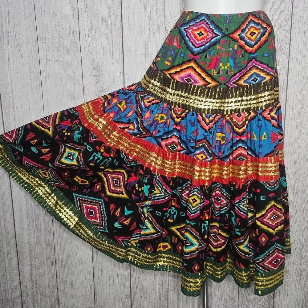 VTG 70s 80s Alfredo's Wife Southwest Multicolor Boho Maxi Skirt, sz Medium
